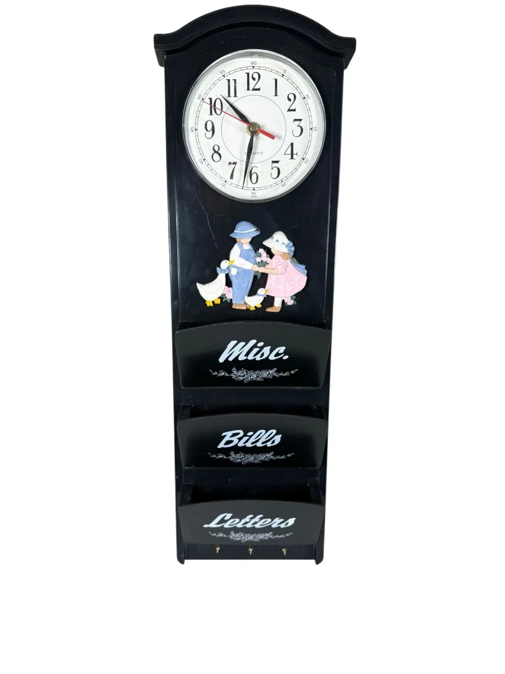 Black Wall Clock Mail Organizer with Decorative Children Accent
